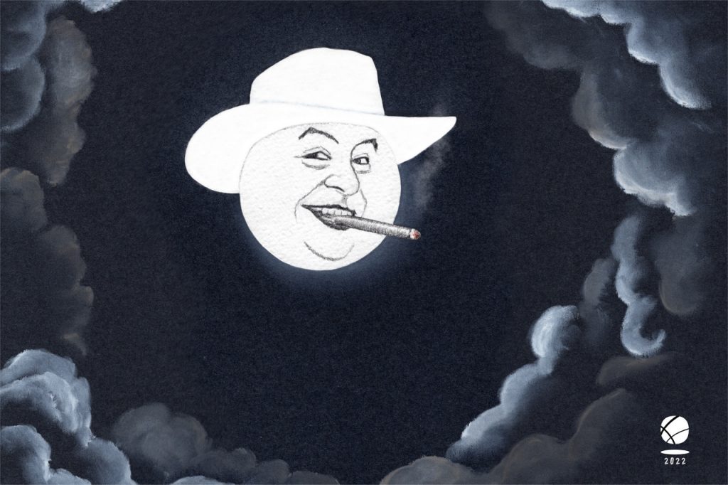 Illustrazione di una luna con volto umano su sfondo di nuvole nere