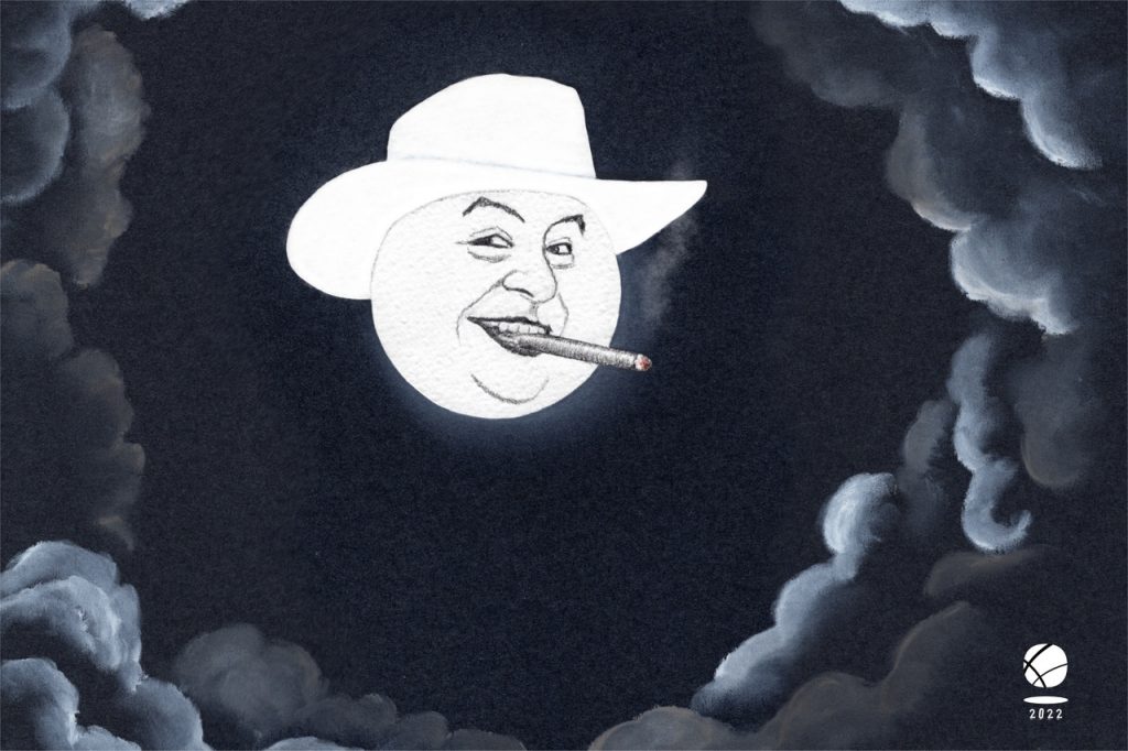 Illustrazione di una luna con volto umano su sfondo di nuvole nere